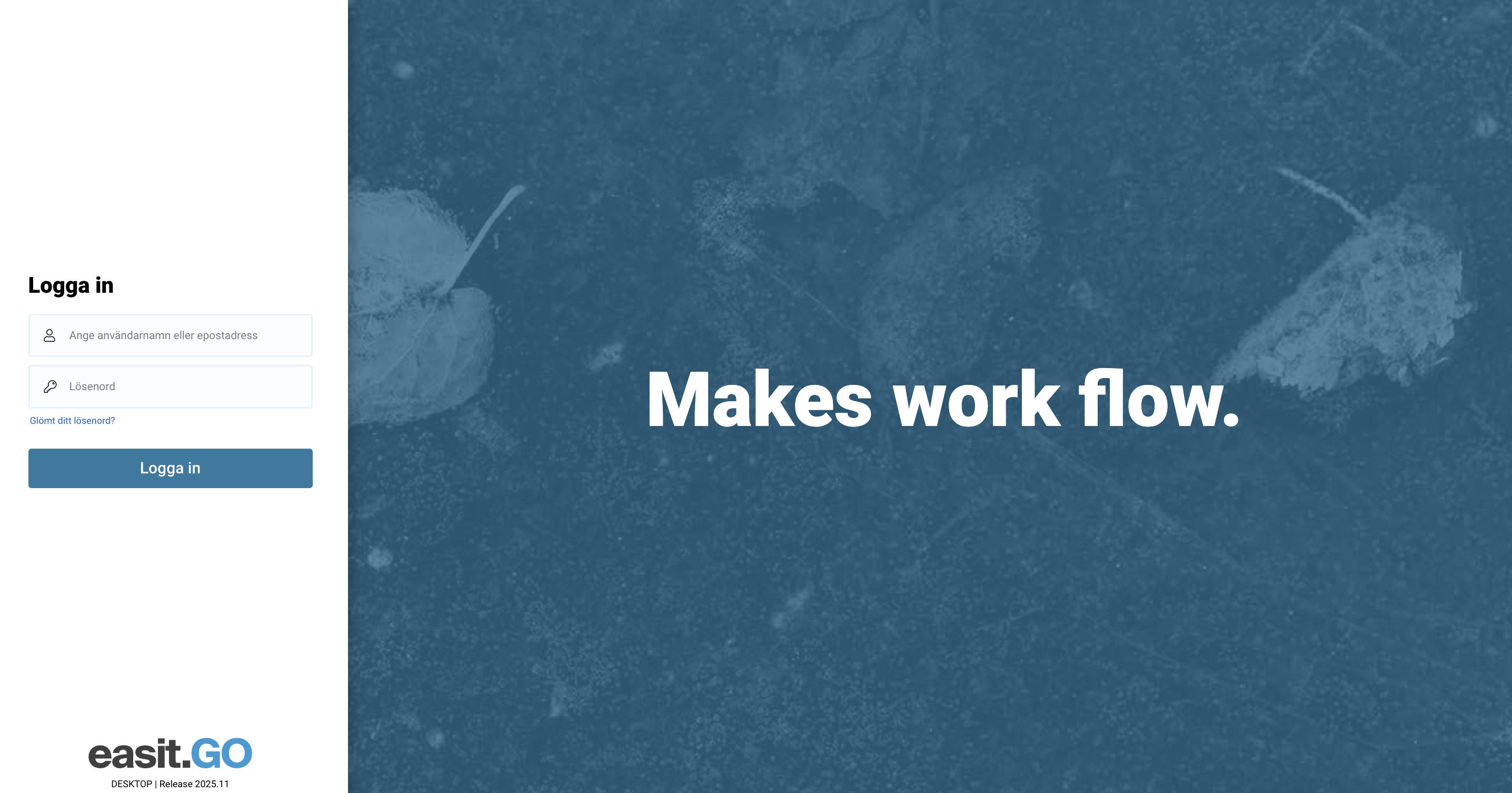 Inloggningssida för Easit GO med blå bakgrund, lövtextur och budskapet ”Makes work flow.”
