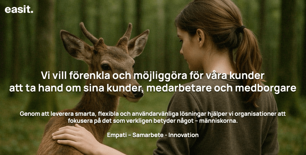 Kvinna som möter en hjort i skogen – symboliserar empati, samarbete och innovation, Easits värderingar och fokus på människonära digitalisering.