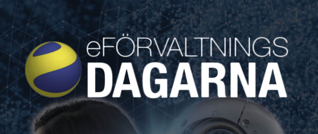 Logotyp för eFörvaltningsdagarna med blå bakgrund och gul-blå symbol.”