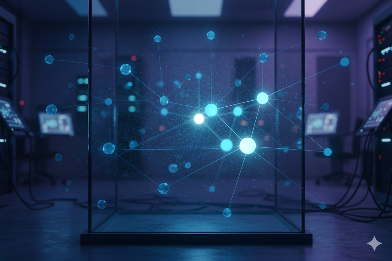 Digital illustration med sammanlänkade noder i blått ljus, som visualiserar delning och återanvändning av processer i en modern plattformsmiljö.