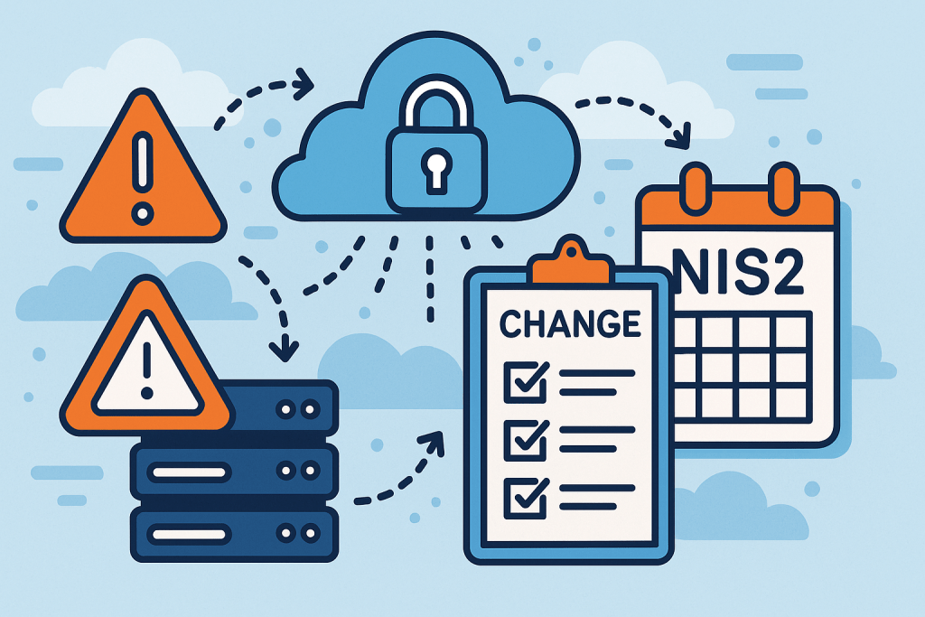 Illustration i flat design som visar en changeprocess kopplad till NIS2 med checklistor, varningstrianglar, säker moln-ikon och servrar för att symbolisera riskhantering och spårbarhet.