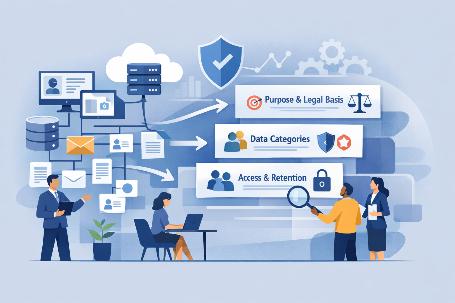 Illustration som visar skillnaden mellan systemdata och ett behandlingsregister enligt GDPR, med fokus på syfte, ansvar och informationssäkerhet.