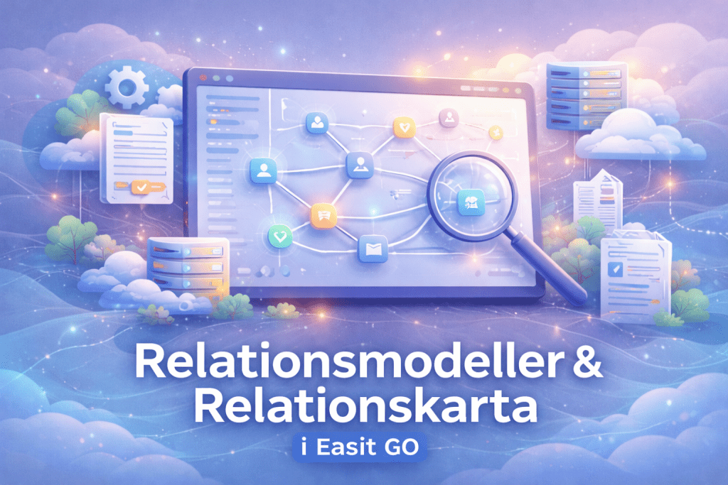 Animerad illustration av Easit GO:s funktion för Relationsmodeller och Relationskarta med visualiserade objekt, noder och kopplingar i ett digitalt nätverk.