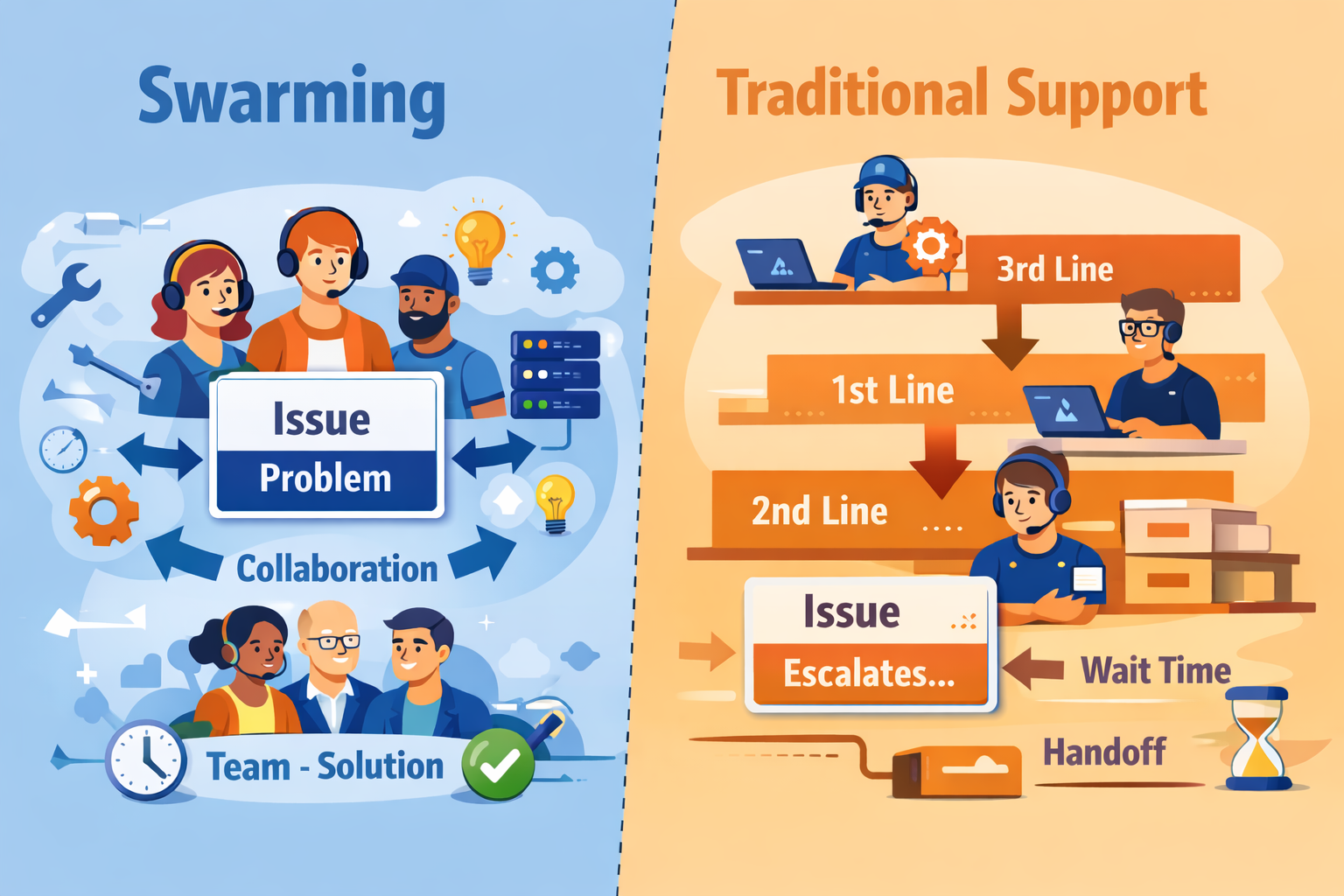 Illustration som visar skillnaden mellan swarming och traditionell support. Till vänster samarbetar ett team kring ett ärende för snabb lösning, till höger eskaleras ärendet mellan första, andra och tredje linjen med väntetider och överlämningar.