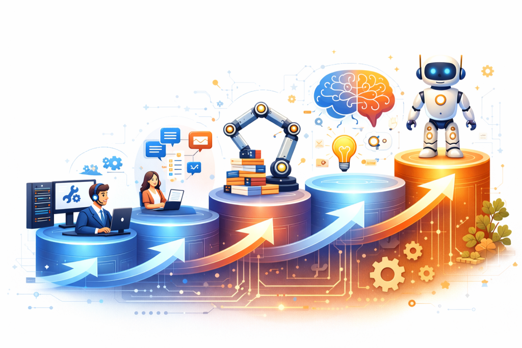 Illustration som visar IT-evolution från traditionell support via automation till AI-driven verksamhetsplattform med vit bakgrund och uppåtgående utvecklingskurva.