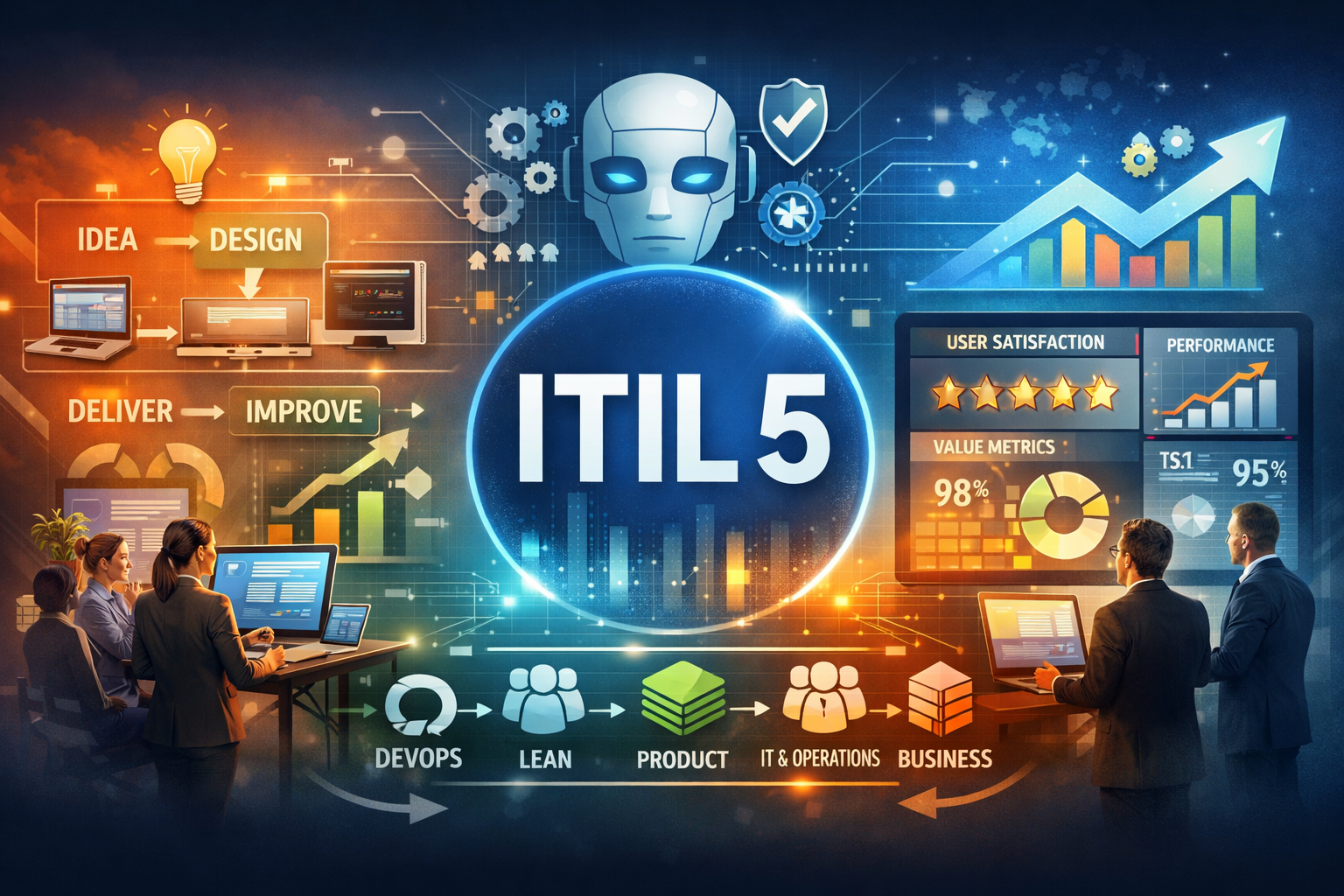 Illustration som visar ITIL 5 med fokus på digital service management, AI och automation, värdeflöden samt samarbete mellan IT, verksamhet och produktteam.