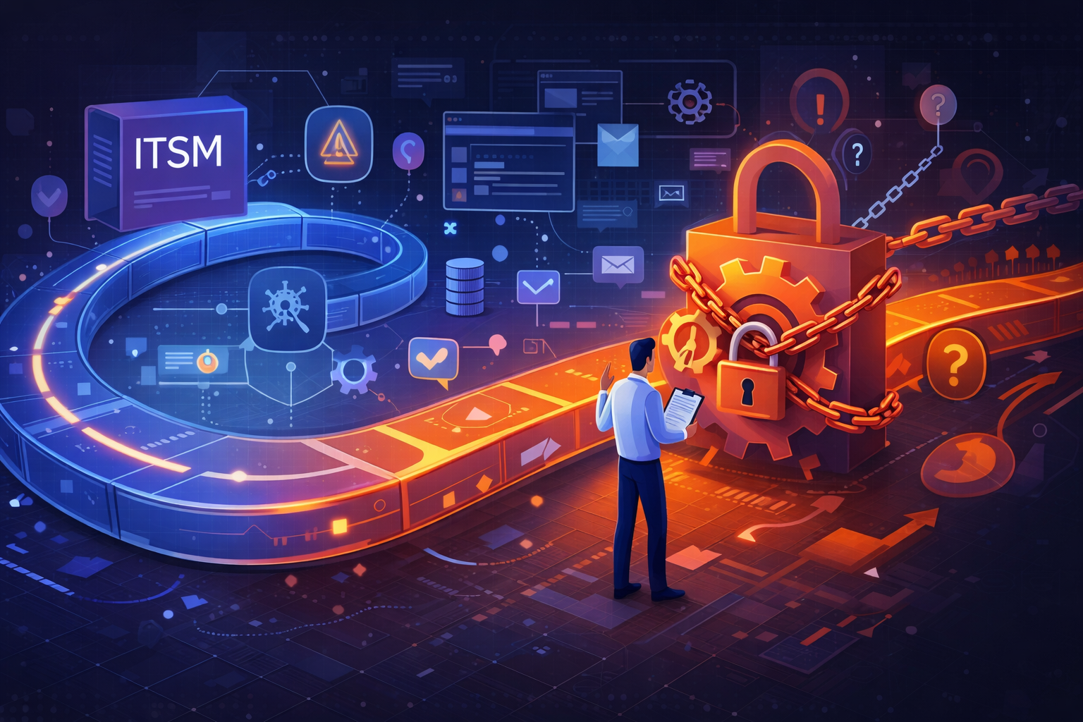 Illustration av ITSM-system som bromsar digitalisering genom en låst process, symboliserar begränsningar i en ITSM-plattform och behovet av förändringsförmåga.