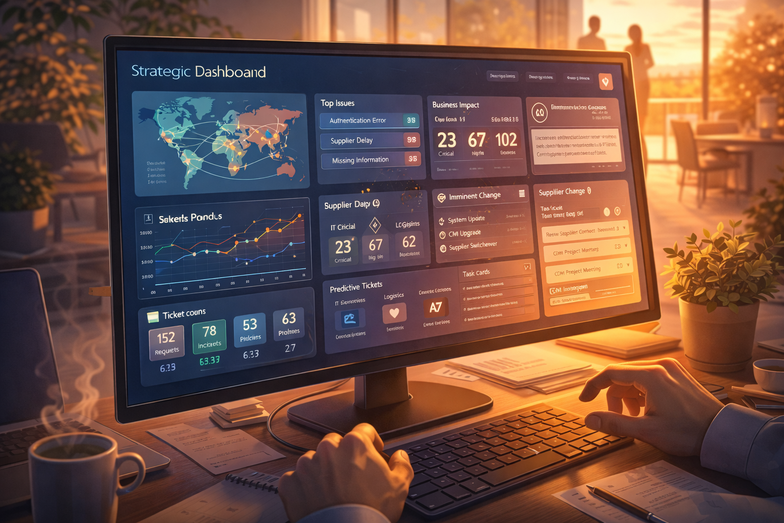 Strategisk dashboard på en datorskärm som visar supportdata, KPI:er, leverantörspåverkan och affärsresultat i en varm och professionell kontorsmiljö.