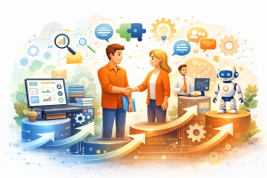 Varm och mänsklig illustration som visar två personer som samarbetar kring en verksamhetsplattform, med subtila symboler för utveckling och automation i bakgrunden.