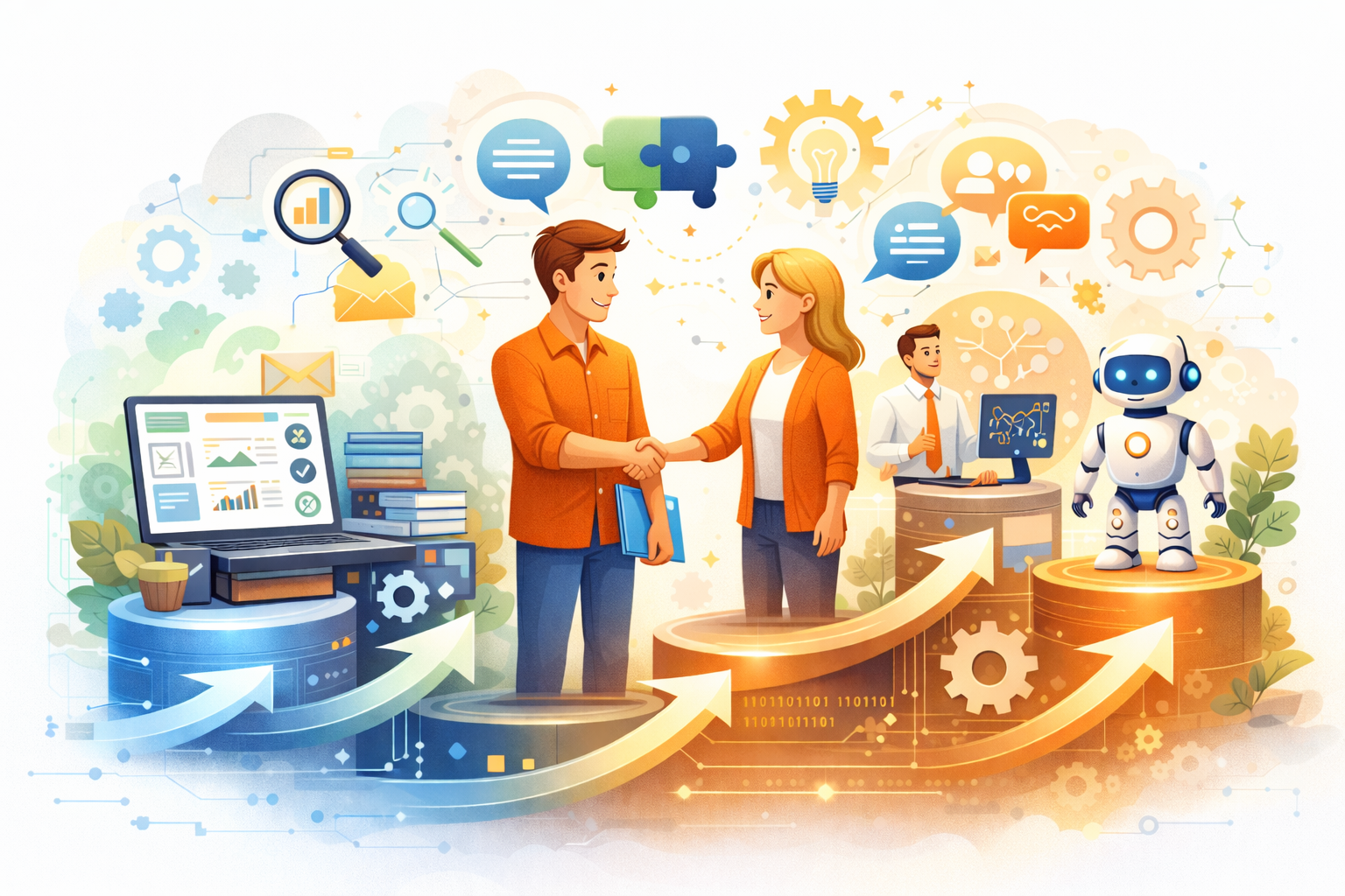 Varm och mänsklig illustration som visar två personer som samarbetar kring en verksamhetsplattform, med subtila symboler för utveckling och automation i bakgrunden.