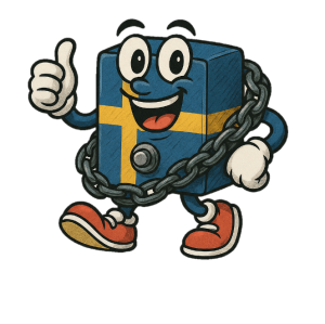 Retro-animerad karaktär formad som ett kassaskåp med svenska flaggan, försedd med kedjor och lås, som ger tummen upp. Illustrerar konceptet "data lagrat och säkrat i Sverige".