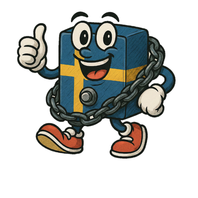 Retro-animerad karaktär formad som ett kassaskåp med svenska flaggan, försedd med kedjor och lås, som ger tummen upp. Illustrerar konceptet "data lagrat och säkrat i Sverige".