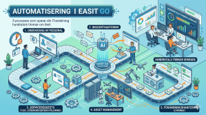 Infografik som visar fem automatiserade processer i Easit GO: onboarding av personal, incidenthantering, servicerequests (lösenordsåterställning), asset management och förändringsshantering (change) — med AI i centrum och texten "hundratals timmar sparade".