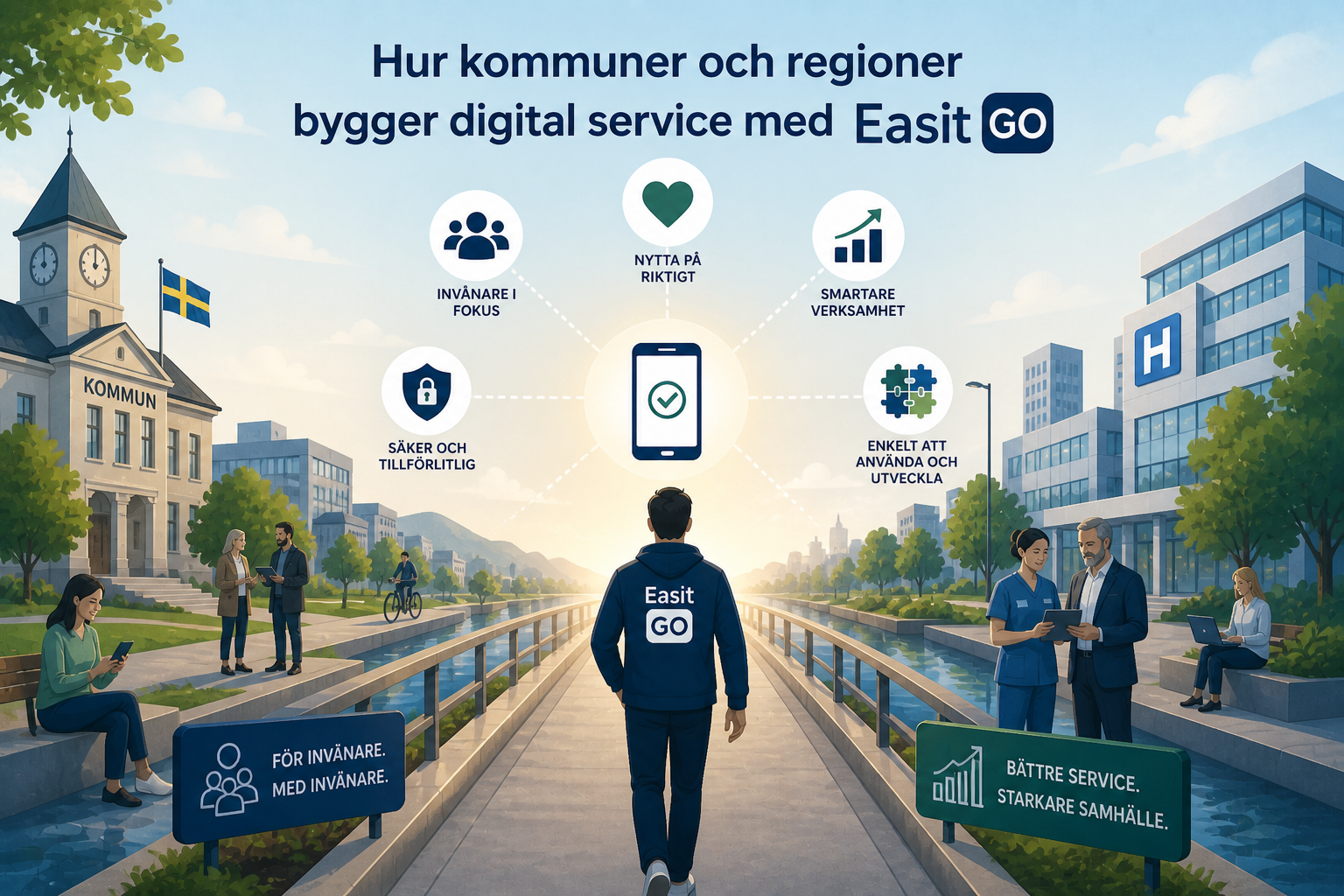 Infografik om hur kommuner och regioner bygger digital service med Easit GO, med fyra nyckelområden: invånare i fokus, nytta på riktigt, smartare verksamhet samt säker och tillförlitlig