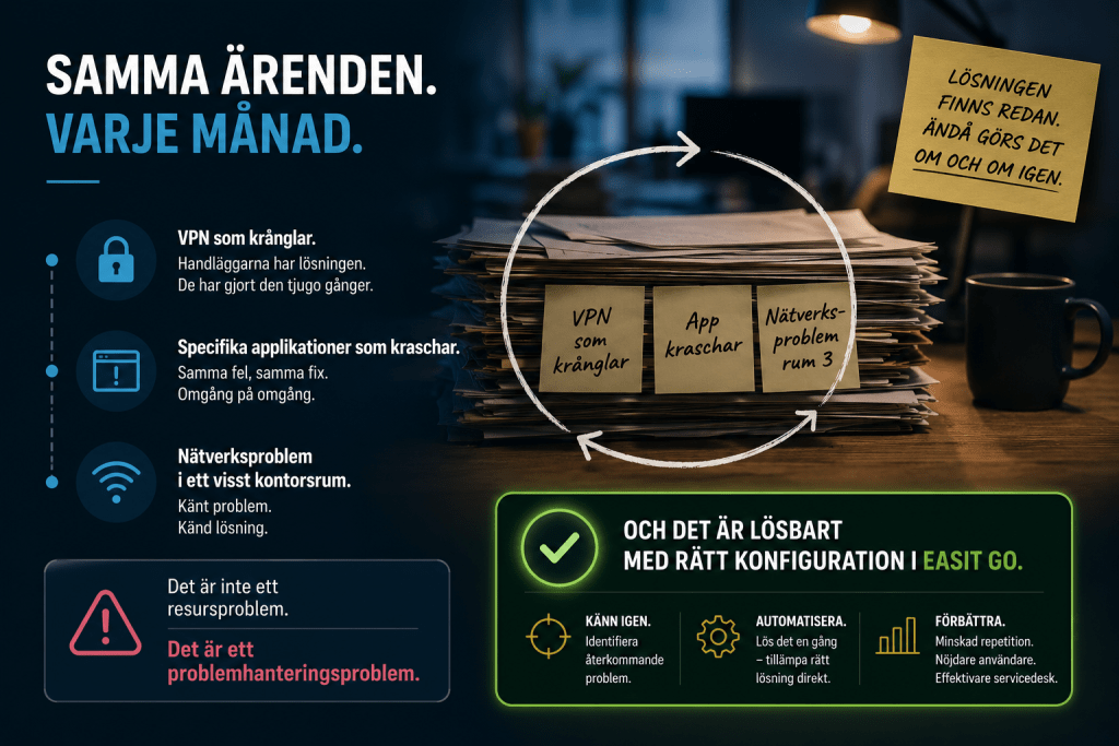 Infografik om återkommande IT-ärenden: tre post-it-lappar (VPN som krånglar, App kraschar, Nätverksproblem rum 3) klistrade på en pappersbunt i en cirkel, med texten "Det är inte ett resursproblem – det är ett problemhanteringsproblem" och lösningen i Easit GO: känn igen, automatisera och förbättra