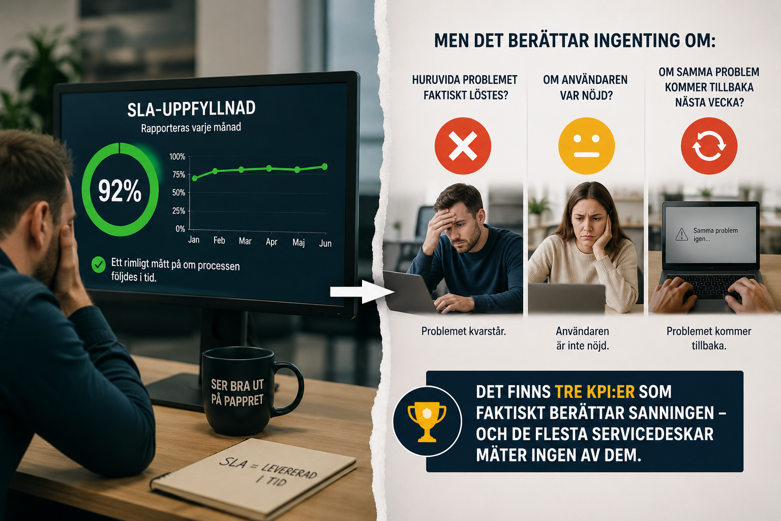 Infografik om servicedesk-mätvärden: till vänster en person som ser på 92 % SLA-uppfyllnad på skärmen med texten "ser bra ut på pappret", till höger tre frågor SLA inte besvarar – om problemet löstes, om användaren var nöjd och om problemet återkommer – med slutsatsen att det finns tre KPI:er som faktiskt berättar sanningen