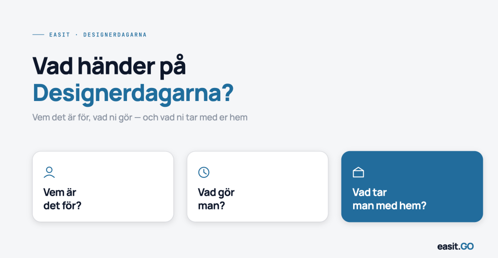 Presentationsbild för Designerdagarna med rubriken "Vad händer på Designerdagarna?" och tre kort: Vem är det för, Vad gör man, Vad tar man med hem.