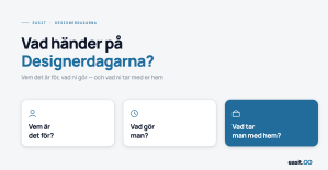 Presentationsbild för Designerdagarna med rubriken "Vad händer på Designerdagarna?" och tre kort: Vem är det för, Vad gör man, Vad tar man med hem.