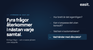 Grafik med texten "Fyra frågor återkommer i nästan varje samtal" mot mörkblå bakgrund, med de fyra vanligaste frågorna om Easit GO listade: bredd, anpassning utan konsult, automationer och dataplats.