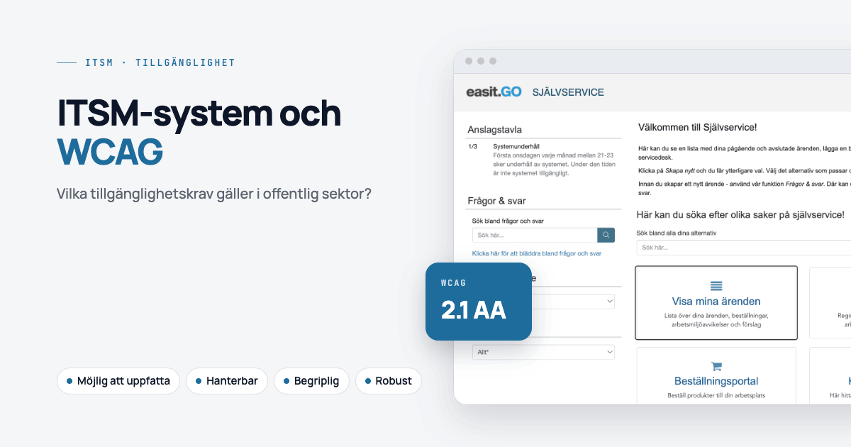 Alt-text för delningsbild Självserviceportalen i Easit GO bredvid rubriken ”ITSM-system och WCAG” och en märkning för WCAG 2.1 AA, med de fyra principerna möjlig att uppfatta, hanterbar, begriplig och robust.