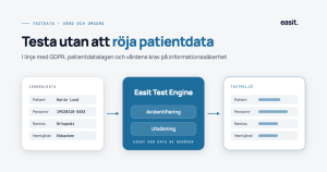 Flödesbild där journaldata med patientnamn och personnummer går via Easit Test Engines moduler Avidentifiering och Utsökning till en testmiljö med samma fält men avidentifierade värden